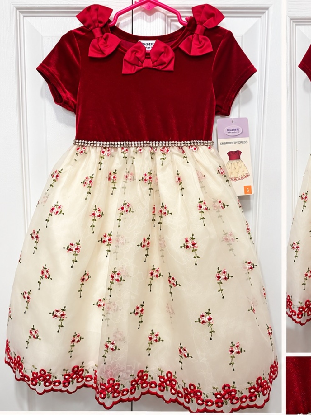 Blueberi Boulevard Red & Cream Embroidered Tulle Party Dress